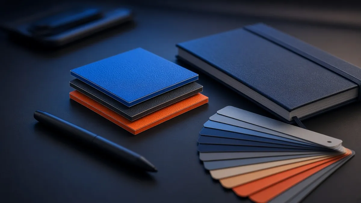 Stacked cobalt, charcoal, and ember sample cards beside a color swatch fan and a notebook.