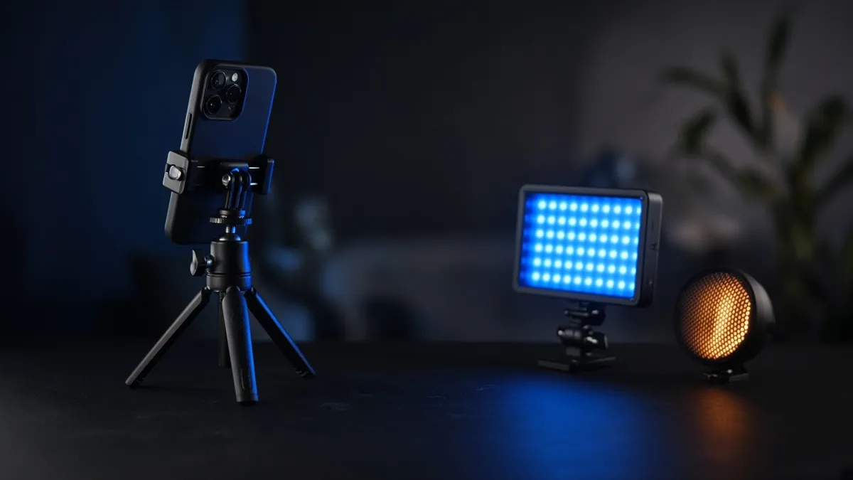 A phone on a small tripod beside a cobalt LED panel and a warm accent light.